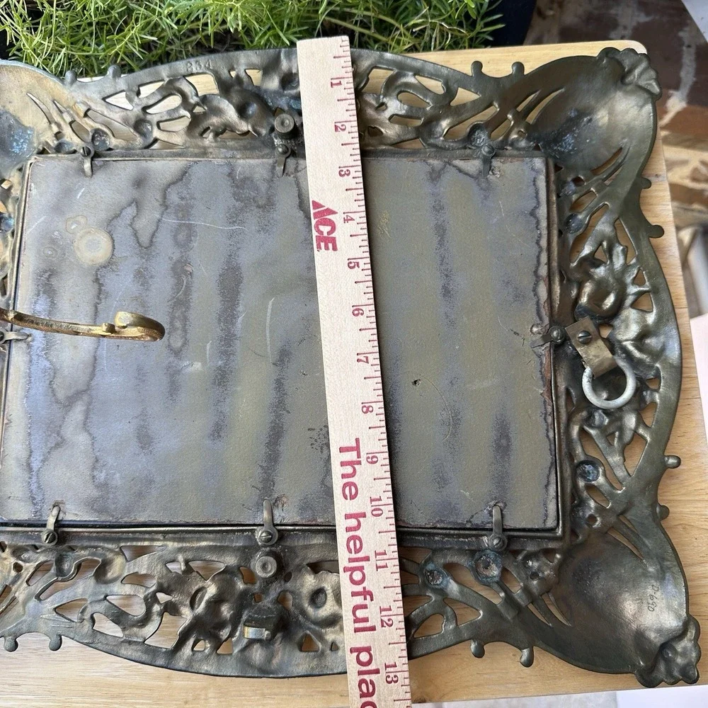 Victorian Antique Art Nouveau Frame Bevel Mirror 16.5x13 Inch Ornate Bronze